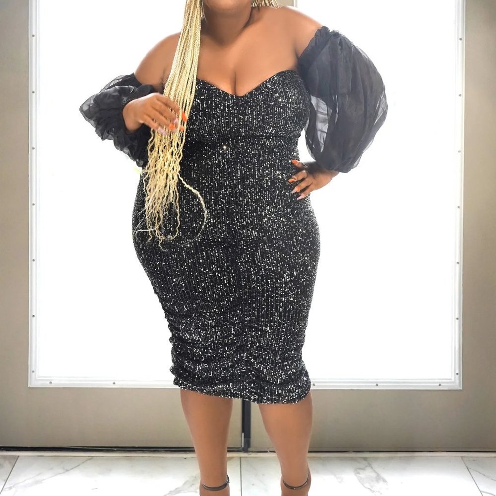 Boutique115 "Celebrate Life" Sequin Lined Tulle Sleeve Black Dress